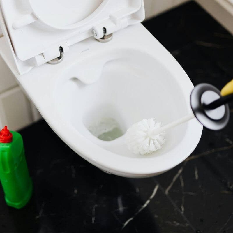 Using a brush to clean the rim of a toilet