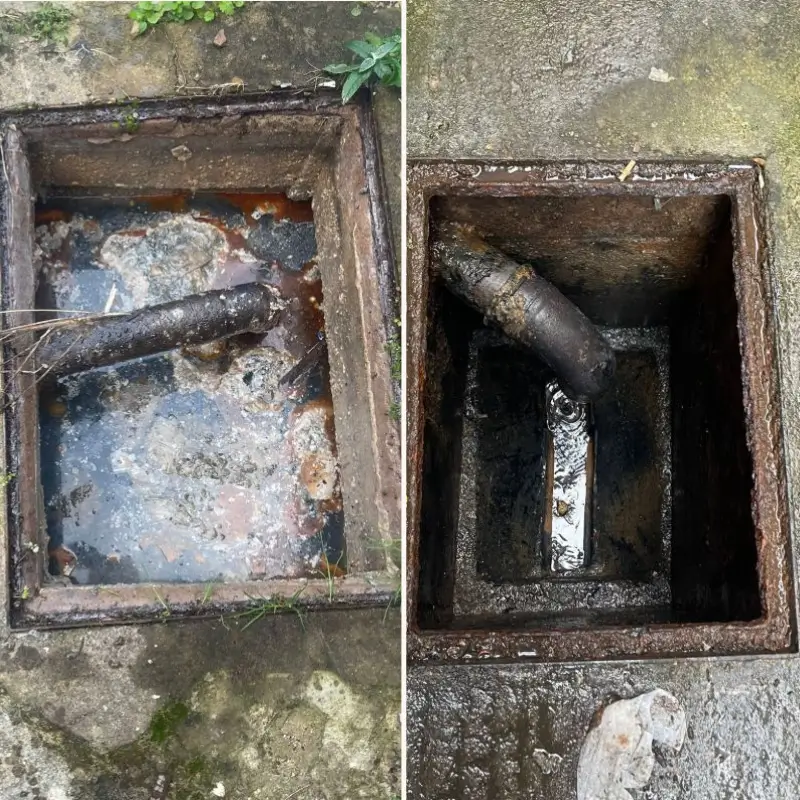 a blocked drain and an unblocked drain after using drain unblocking methods